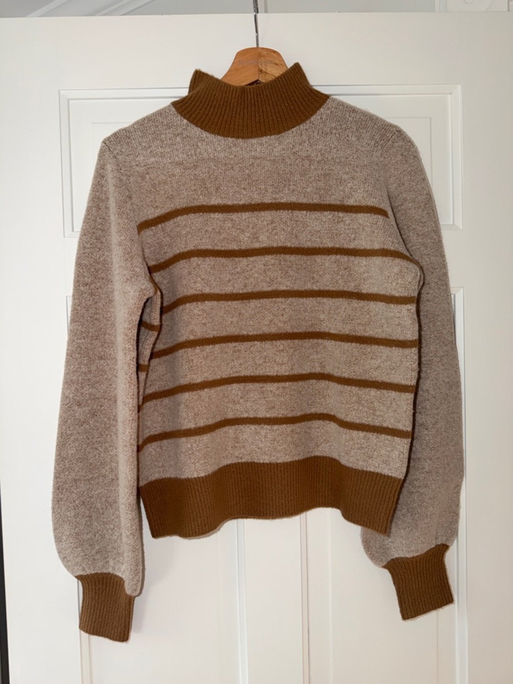 Lost + Wander Beige Mock-Turtleneck Sweater with Brown Stripes